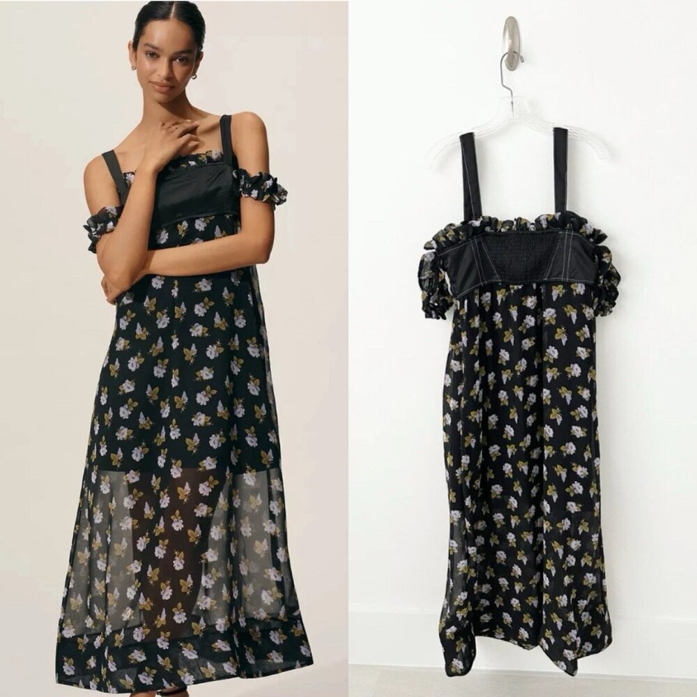 NWT Anthropologie Maeve Square-Neck Sheer Floral Midi Dress M Black Purple $178